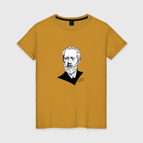 Женская футболка хлопок с принтом Петр Ильич Чайковский , 100% хлопок | прямой крой, круглый вырез горловины, длина до линии бедер, слегка спущенное плечо | 