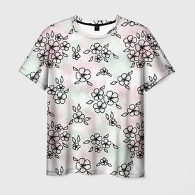 Мужская футболка 3D с принтом Цветы сакуры на акварельном фоне   паттерн в Петрозаводске, 100% полиэфир | прямой крой, круглый вырез горловины, длина до линии бедер | 