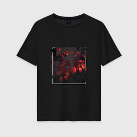 Женская футболка хлопок Oversize с принтом Луч красных листьев в темноте в Курске, 100% хлопок | свободный крой, круглый ворот, спущенный рукав, длина до линии бедер
 | 