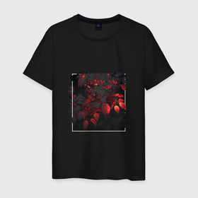 Мужская футболка хлопок с принтом Луч красных листьев в темноте в Петрозаводске, 100% хлопок | прямой крой, круглый вырез горловины, длина до линии бедер, слегка спущенное плечо. | 