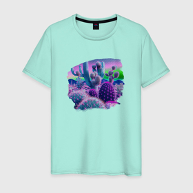Мужская футболка хлопок с принтом Кактусы в фиолетовых цветах в Санкт-Петербурге, 100% хлопок | прямой крой, круглый вырез горловины, длина до линии бедер, слегка спущенное плечо. | 