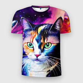 Мужская футболка 3D Slim с принтом Живописный космический портрет трехцветной кошки в Екатеринбурге, 100% полиэстер с улучшенными характеристиками | приталенный силуэт, круглая горловина, широкие плечи, сужается к линии бедра | 