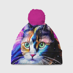 Шапка 3D c помпоном с принтом Живописный космический портрет трехцветной кошки , 100% полиэстер | универсальный размер, печать по всей поверхности изделия | 