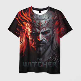 Мужская футболка 3D с принтом Witcher in the fire в Курске, 100% полиэфир | прямой крой, круглый вырез горловины, длина до линии бедер | 