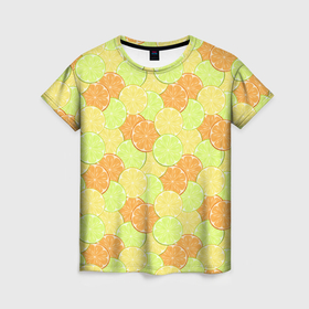 Женская футболка 3D с принтом Апельсин, лайм и лимон в Курске, 100% полиэфир ( синтетическое хлопкоподобное полотно) | прямой крой, круглый вырез горловины, длина до линии бедер | Тематика изображения на принте: 