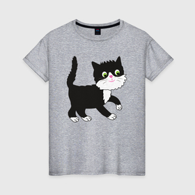 Женская футболка хлопок с принтом Чёрный милый кот в Петрозаводске, 100% хлопок | прямой крой, круглый вырез горловины, длина до линии бедер, слегка спущенное плечо | Тематика изображения на принте: 