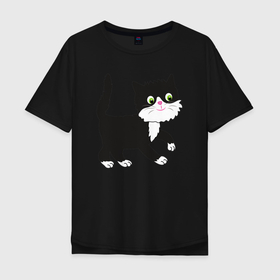 Мужская футболка хлопок Oversize с принтом Чёрный милый кот в Петрозаводске, 100% хлопок | свободный крой, круглый ворот, “спинка” длиннее передней части | Тематика изображения на принте: 