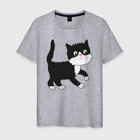 Мужская футболка хлопок с принтом Чёрный милый кот в Екатеринбурге, 100% хлопок | прямой крой, круглый вырез горловины, длина до линии бедер, слегка спущенное плечо. | 