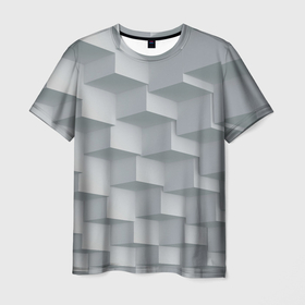 Мужская футболка 3D с принтом Серое множество объёмных блоков в Белгороде, 100% полиэфир | прямой крой, круглый вырез горловины, длина до линии бедер | 