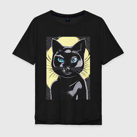 Мужская футболка хлопок Oversize с принтом Черный кот с голубыми глазами в Екатеринбурге, 100% хлопок | свободный крой, круглый ворот, “спинка” длиннее передней части | 