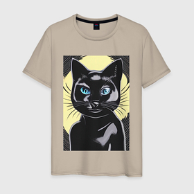 Мужская футболка хлопок с принтом Черный кот с голубыми глазами , 100% хлопок | прямой крой, круглый вырез горловины, длина до линии бедер, слегка спущенное плечо. | 