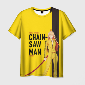 Мужская футболка 3D с принтом Человек бензопила   Пауэр в Екатеринбурге, 100% полиэфир | прямой крой, круглый вырез горловины, длина до линии бедер | 