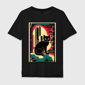 Мужская футболка хлопок Oversize с принтом Черный городской кот , 100% хлопок | свободный крой, круглый ворот, “спинка” длиннее передней части | 