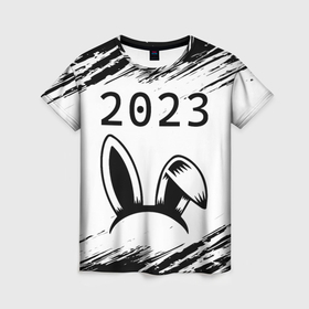 Женская футболка 3D с принтом НГ Кролик ободок на светлом в Екатеринбурге, 100% полиэфир ( синтетическое хлопкоподобное полотно) | прямой крой, круглый вырез горловины, длина до линии бедер | 
