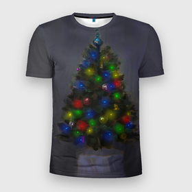 Мужская футболка 3D Slim с принтом Огни на новогодней елке в Санкт-Петербурге, 100% полиэстер с улучшенными характеристиками | приталенный силуэт, круглая горловина, широкие плечи, сужается к линии бедра | 