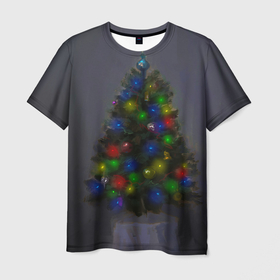 Мужская футболка 3D с принтом Огни на новогодней елке , 100% полиэфир | прямой крой, круглый вырез горловины, длина до линии бедер | 