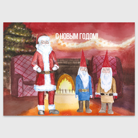 Поздравительная открытка с принтом Санта Клауз и гномы поздравляют с Новым Годом в Санкт-Петербурге, 100% бумага | плотность бумаги 280 г/м2, матовая, на обратной стороне линовка и место для марки
 | 