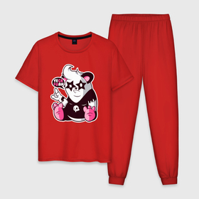 Мужская пижама хлопок с принтом Панда с жестом рок в Новосибирске, 100% хлопок | брюки и футболка прямого кроя, без карманов, на брюках мягкая резинка на поясе и по низу штанин
 | Тематика изображения на принте: 