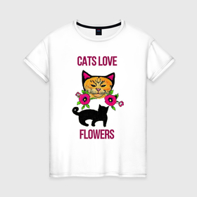 Женская футболка хлопок с принтом Коты любят цветы в Новосибирске, 100% хлопок | прямой крой, круглый вырез горловины, длина до линии бедер, слегка спущенное плечо | 