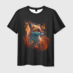 Мужская футболка 3D с принтом Огненная лиса в Белгороде, 100% полиэфир | прямой крой, круглый вырез горловины, длина до линии бедер | 
