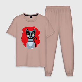 Мужская пижама хлопок с принтом Кошка модница в Санкт-Петербурге, 100% хлопок | брюки и футболка прямого кроя, без карманов, на брюках мягкая резинка на поясе и по низу штанин
 | 