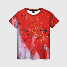 Женская футболка 3D с принтом Красные блёстки и туман и белые краски , 100% полиэфир ( синтетическое хлопкоподобное полотно) | прямой крой, круглый вырез горловины, длина до линии бедер | 