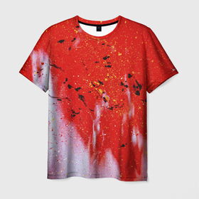 Мужская футболка 3D с принтом Красные блёстки и туман и белые краски , 100% полиэфир | прямой крой, круглый вырез горловины, длина до линии бедер | 