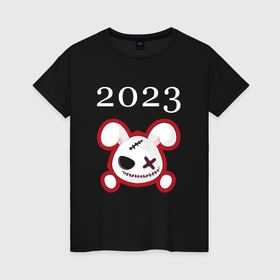 Женская футболка хлопок с принтом Кролик 2023 злой: символ и надпись в Екатеринбурге, 100% хлопок | прямой крой, круглый вырез горловины, длина до линии бедер, слегка спущенное плечо | 