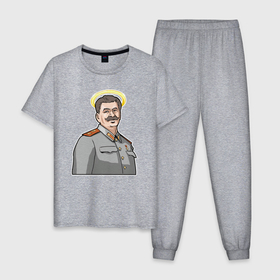 Мужская пижама хлопок с принтом Сталин с нимбом в Санкт-Петербурге, 100% хлопок | брюки и футболка прямого кроя, без карманов, на брюках мягкая резинка на поясе и по низу штанин
 | 