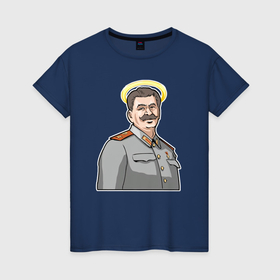 Женская футболка хлопок с принтом Сталин с нимбом в Тюмени, 100% хлопок | прямой крой, круглый вырез горловины, длина до линии бедер, слегка спущенное плечо | 