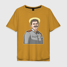 Мужская футболка хлопок Oversize с принтом Сталин с нимбом в Петрозаводске, 100% хлопок | свободный крой, круглый ворот, “спинка” длиннее передней части | Тематика изображения на принте: 