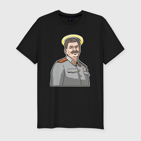 Мужская футболка хлопок Slim с принтом Сталин с нимбом в Петрозаводске, 92% хлопок, 8% лайкра | приталенный силуэт, круглый вырез ворота, длина до линии бедра, короткий рукав | Тематика изображения на принте: 