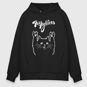 Мужское худи Oversize хлопок с принтом Foo Fighters рок кот в Екатеринбурге, френч-терри — 70% хлопок, 30% полиэстер. Мягкий теплый начес внутри —100% хлопок | боковые карманы, эластичные манжеты и нижняя кромка, капюшон на магнитной кнопке | 