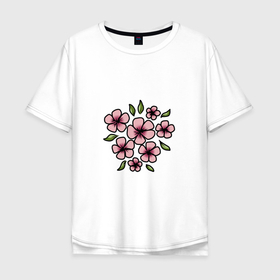 Мужская футболка хлопок Oversize с принтом Цветы сакуры в дудл стиле в Курске, 100% хлопок | свободный крой, круглый ворот, “спинка” длиннее передней части | 