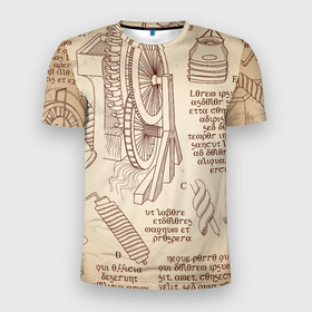 Мужская футболка 3D Slim с принтом Чертежи машин Леонардо да Винчи в Белгороде, 100% полиэстер с улучшенными характеристиками | приталенный силуэт, круглая горловина, широкие плечи, сужается к линии бедра | 