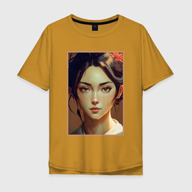 Мужская футболка хлопок Oversize с принтом Прекрасная девушка азиатской внешности в Екатеринбурге, 100% хлопок | свободный крой, круглый ворот, “спинка” длиннее передней части | 