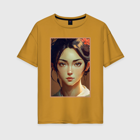 Женская футболка хлопок Oversize с принтом Прекрасная девушка азиатской внешности , 100% хлопок | свободный крой, круглый ворот, спущенный рукав, длина до линии бедер
 | 
