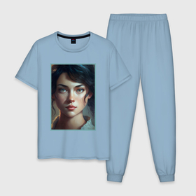 Мужская пижама хлопок с принтом Портрет девушки в 19 веке в Екатеринбурге, 100% хлопок | брюки и футболка прямого кроя, без карманов, на брюках мягкая резинка на поясе и по низу штанин
 | 