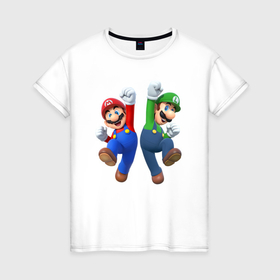 Женская футболка хлопок с принтом Марио и Луиджи в Тюмени, 100% хлопок | прямой крой, круглый вырез горловины, длина до линии бедер, слегка спущенное плечо | 