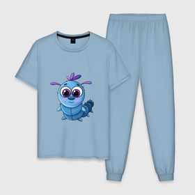 Мужская пижама хлопок с принтом Милая голубая гусеница в Тюмени, 100% хлопок | брюки и футболка прямого кроя, без карманов, на брюках мягкая резинка на поясе и по низу штанин
 | 