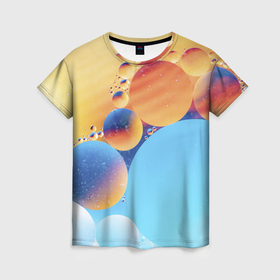 Женская футболка 3D с принтом Абстрактные круги с разными красками , 100% полиэфир ( синтетическое хлопкоподобное полотно) | прямой крой, круглый вырез горловины, длина до линии бедер | 