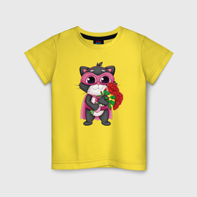 Детская футболка хлопок с принтом Кот супергерой с букетом цветов в Екатеринбурге, 100% хлопок | круглый вырез горловины, полуприлегающий силуэт, длина до линии бедер | 