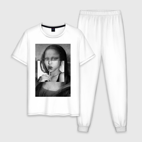 Мужская пижама хлопок с принтом Мона Лиза с чупа чупсом   чёрно белая в Белгороде, 100% хлопок | брюки и футболка прямого кроя, без карманов, на брюках мягкая резинка на поясе и по низу штанин
 | 