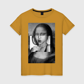 Женская футболка хлопок с принтом Мона Лиза с чупа чупсом   чёрно белая в Курске, 100% хлопок | прямой крой, круглый вырез горловины, длина до линии бедер, слегка спущенное плечо | 
