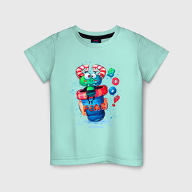 Детская футболка хлопок с принтом Монстрик с полосатыми рожками в Петрозаводске, 100% хлопок | круглый вырез горловины, полуприлегающий силуэт, длина до линии бедер | 