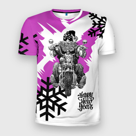 Мужская футболка 3D Slim с принтом New Year: Santa Biker в Белгороде, 100% полиэстер с улучшенными характеристиками | приталенный силуэт, круглая горловина, широкие плечи, сужается к линии бедра | Тематика изображения на принте: 