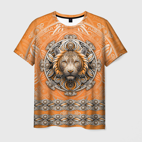 Мужская футболка 3D с принтом Тигр объёмный барельеф с этническим орнаментом в Тюмени, 100% полиэфир | прямой крой, круглый вырез горловины, длина до линии бедер | Тематика изображения на принте: 