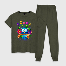 Женская пижама хлопок с принтом Птица на ветке и цветы в Кировске, 100% хлопок | брюки и футболка прямого кроя, без карманов, на брюках мягкая резинка на поясе и по низу штанин | 