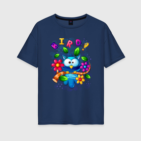 Женская футболка хлопок Oversize с принтом Птица на ветке и цветы в Кировске, 100% хлопок | свободный крой, круглый ворот, спущенный рукав, длина до линии бедер
 | 
