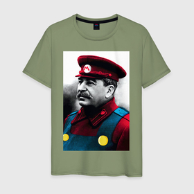 Мужская футболка хлопок с принтом Иосиф Виссарионович Сталин   memes Mario в Белгороде, 100% хлопок | прямой крой, круглый вырез горловины, длина до линии бедер, слегка спущенное плечо. | Тематика изображения на принте: 